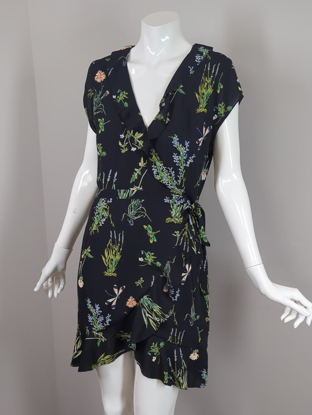 Sunday Best Black Floral Wrap Mini Dress Ruffles Summer Vacation Small